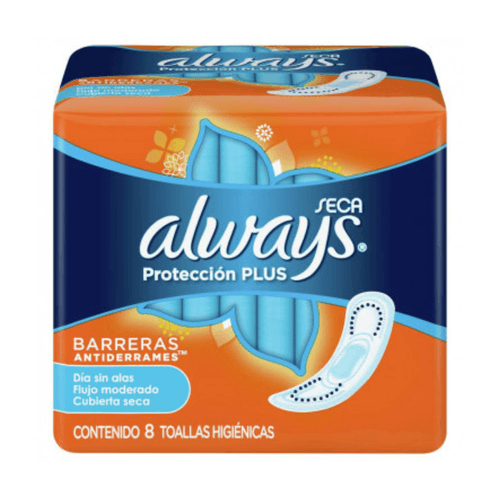 Always Toallas Femeninas Protección Plus Seca sin Alas x8u.