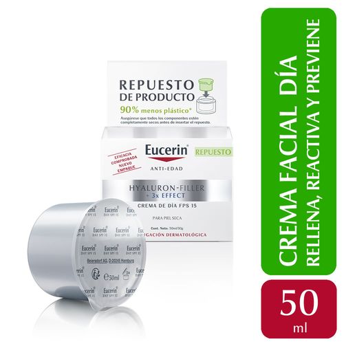 Eucerin Hyaluron-Filler + 3xEffect Repuesto de Crema Facial Antiarrugas de Día FPS 15 x50ml